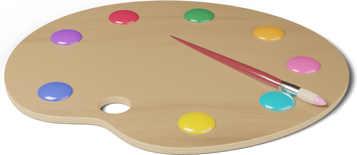 A wooden palette with paints and a brush